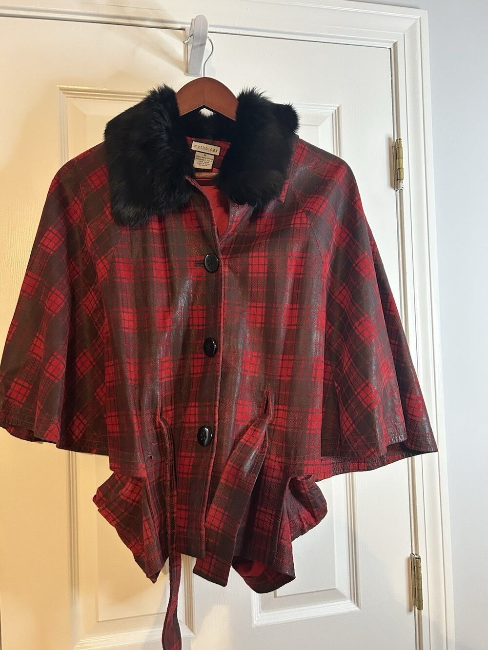 Mythology Womens M Red Black Plaid Leather Cape Jacket Rabbit Fur Collar Belted